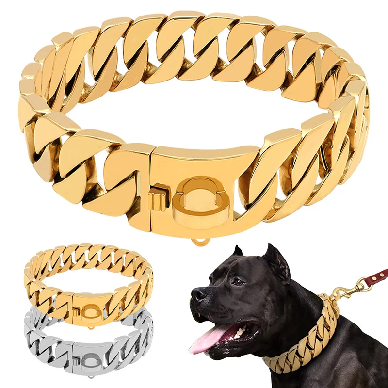 32mm Stainless Steel Gold Plated Dog Chain Necklace Thick Cuban