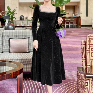 ZYHT 9969 Black Velvet Midi Dress with Crystal Trimmed Square Neck Long Sleeves Sparkle Glitter Flared Silhouette Long Dress