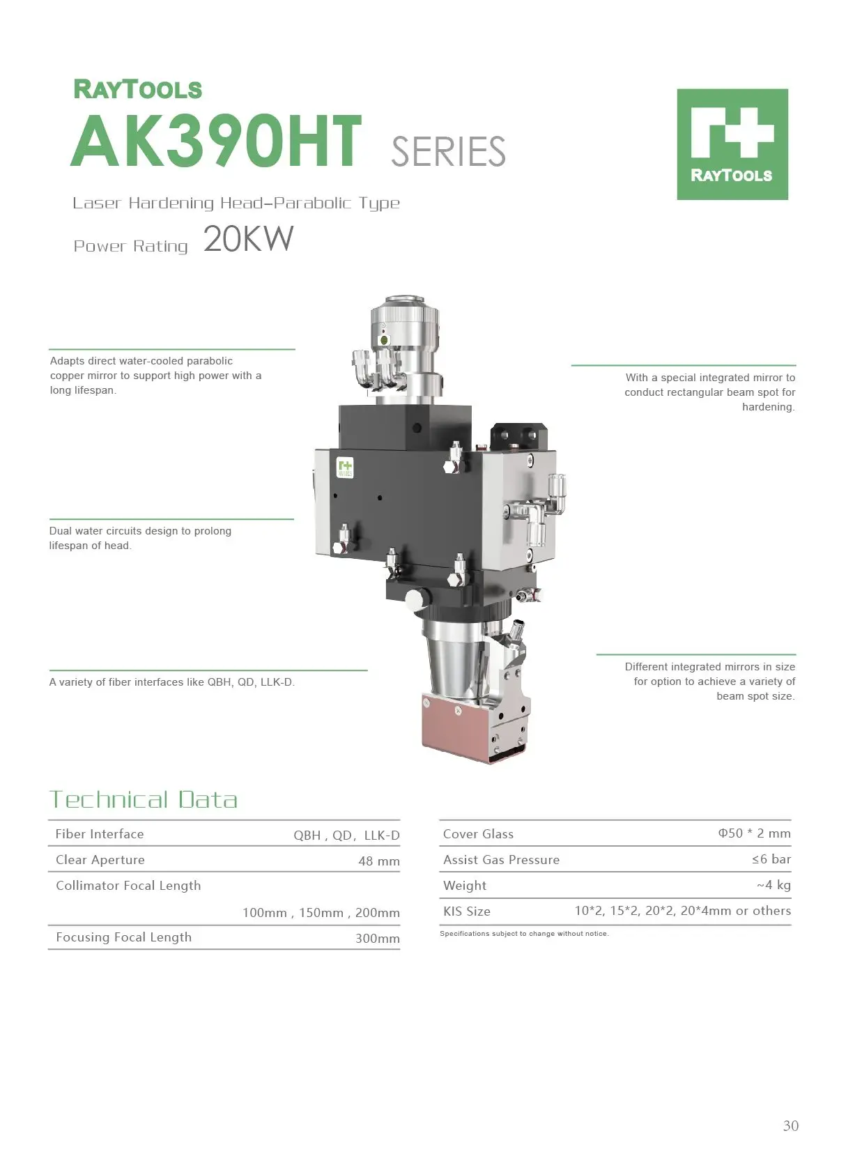 AK390HT High Power 20KW Laser Hardening Head Long Lifespan with Fiber Laser for Hardening Process