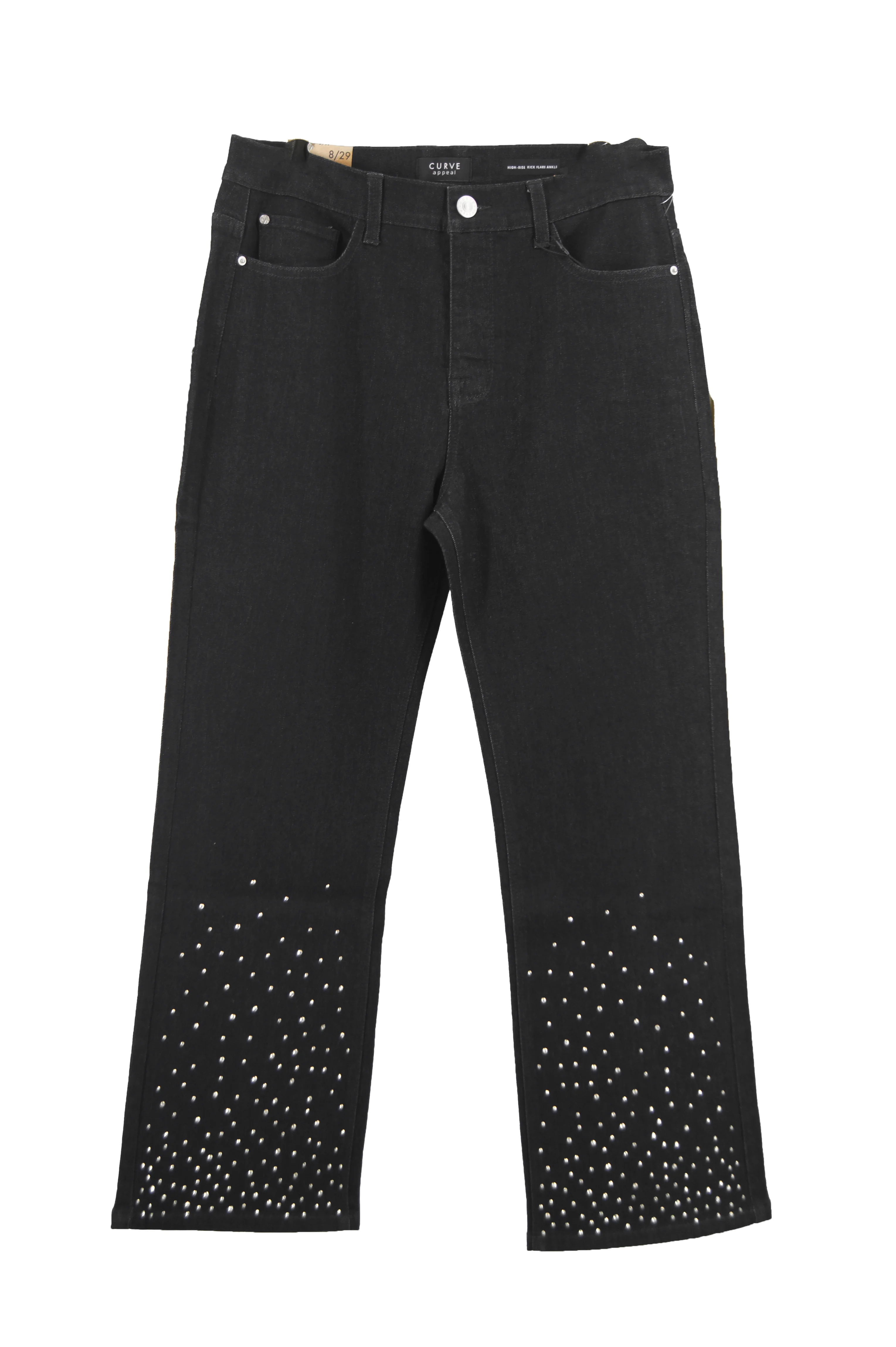 High-waisted Rhinestone Jeans, Women's Black Slightly Flared Trousers, Long Trousers with Fringed Stretch Flared Pants