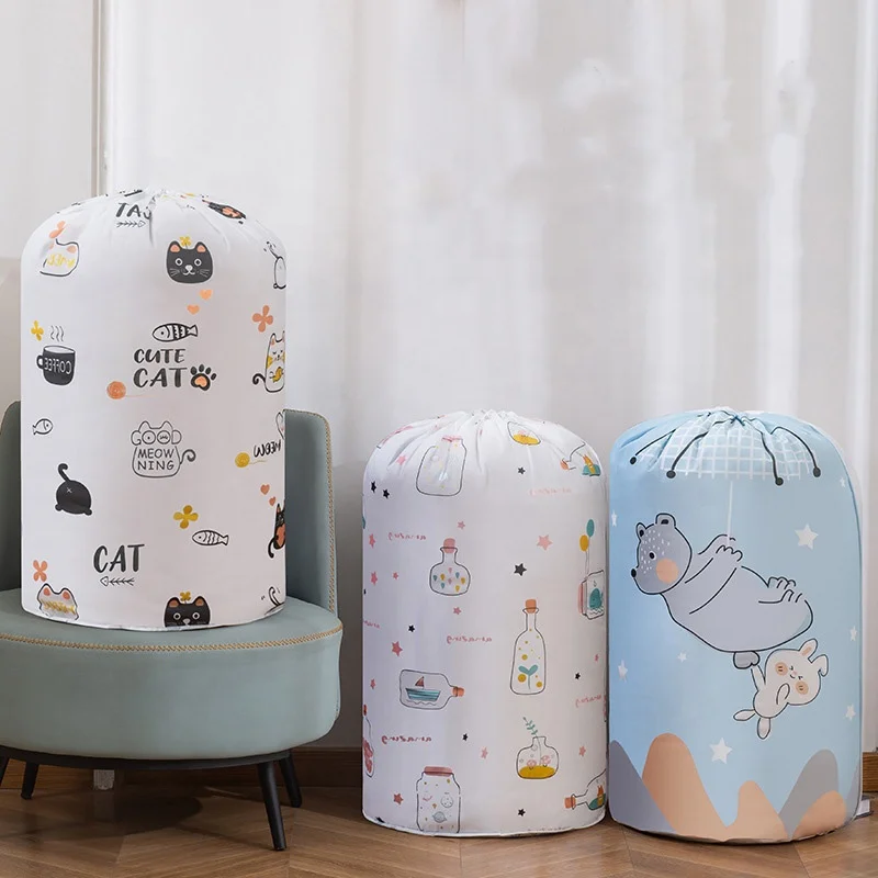 Cylindrical Beam Mouth Drawstring Cartoon Printing Cotton Quilt Household Clothing Finishing Waterproof Moving Storage Bag