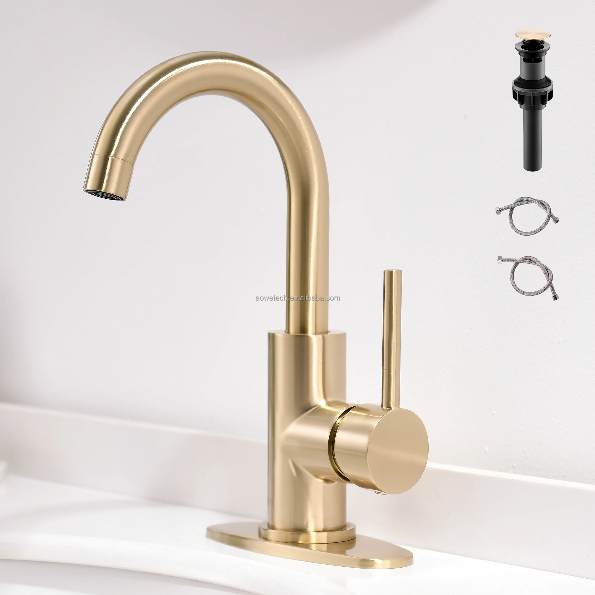 Luxury Polished Stainless Steel Modern Kitchen Faucet High Arch Goose Neck Sink Mixer Tap Single Handle Pop Drain