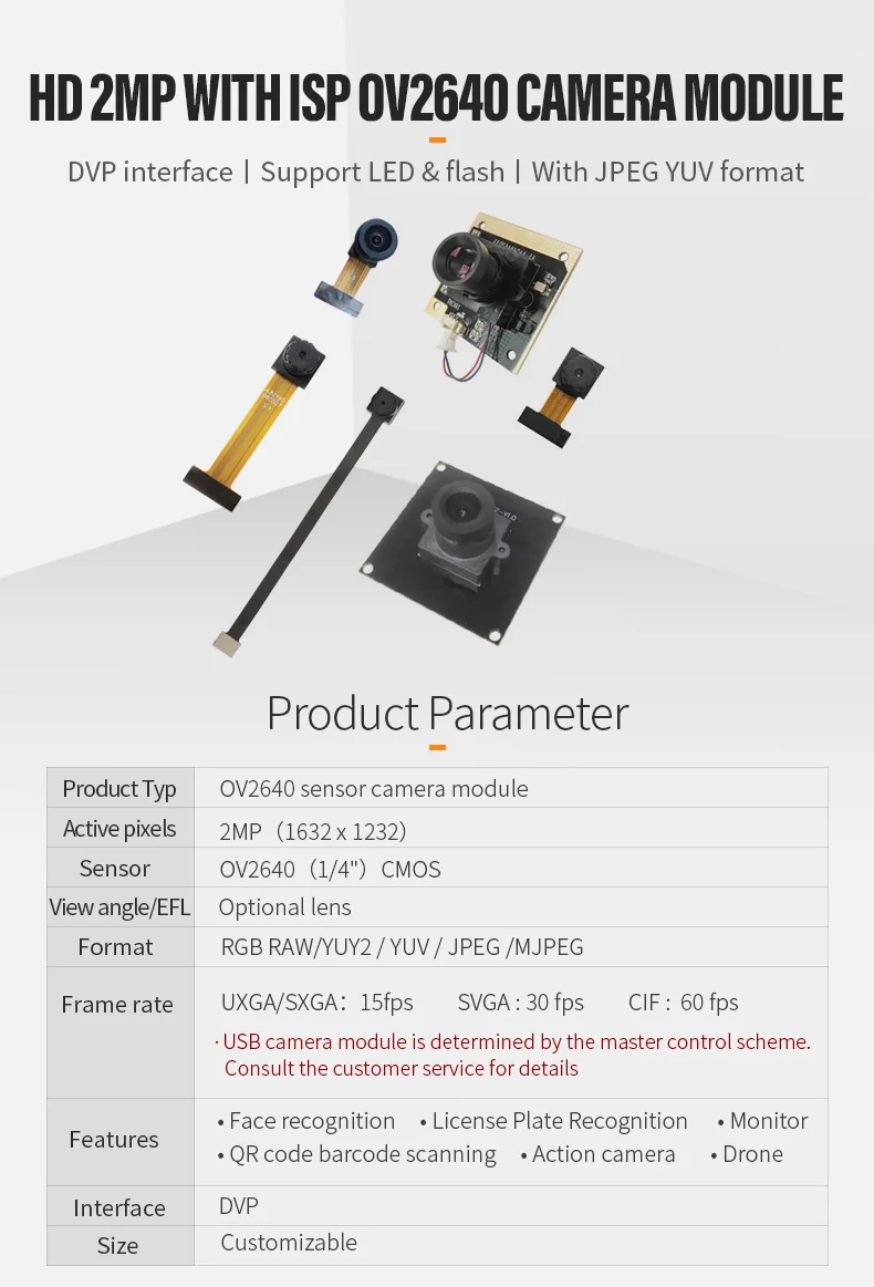 Dogoozx a custom miniature fixed focus OV2640 sensor Cmos 2MP JPEG yuv format with Isp Led flash infrared cutting infrared DVP camera module插图