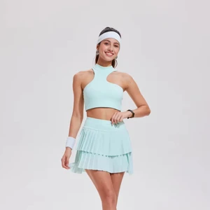 Women's Outdoor Golf Sets Quick Dry Seamless Irregular Crop Top Halter Bra and Skirt 2 Pieces Pickleball Tennis Wear Skort Set