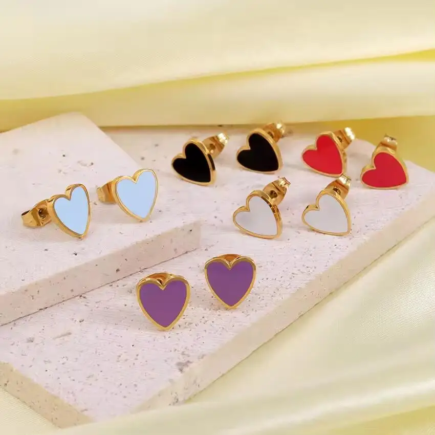Gold Heart Stud Earrings Trendy Jewelry Color Enamel Earrings