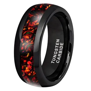 Coolstyle Jewelry 8mm Domed Engagement Wedding Band for Men Women Fire Opal Chip Inlay High Polish Black Tungsten Carbide Ring
