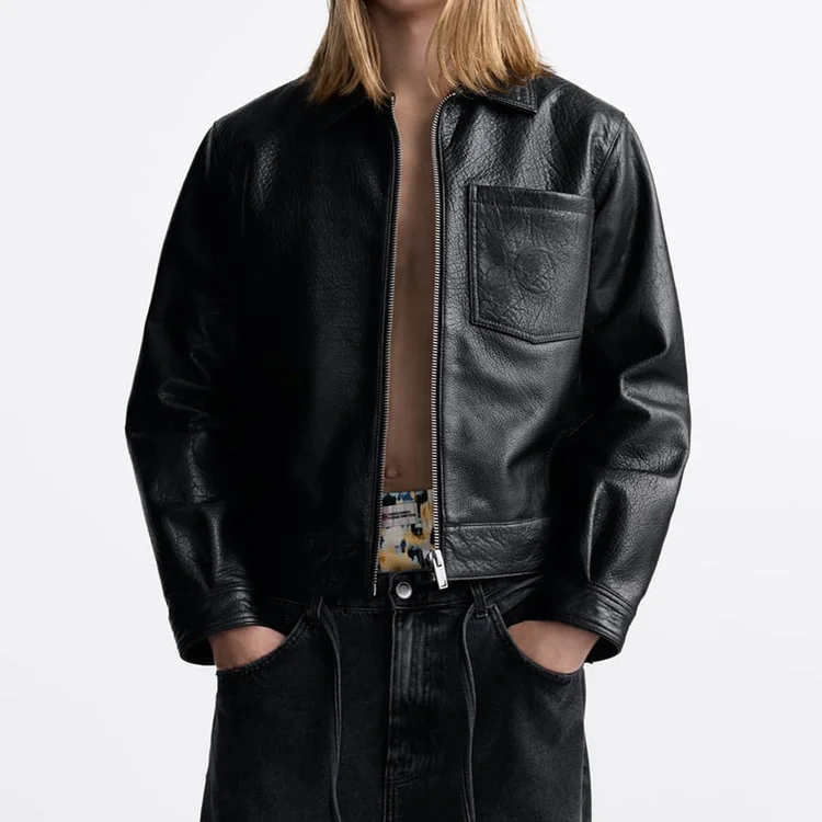 Popular Design flap pocket printed leather jackets for men_voghion.com