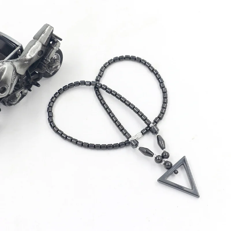 Geometry Cross Triangle Pentagonal Star Pendant Hematite Beaded Necklace for Men Women