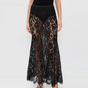 Wisrise Fashion Factory New Design Special Sexy Women's Black Floral Lace Sheer High Waist Long Maxi Skirt