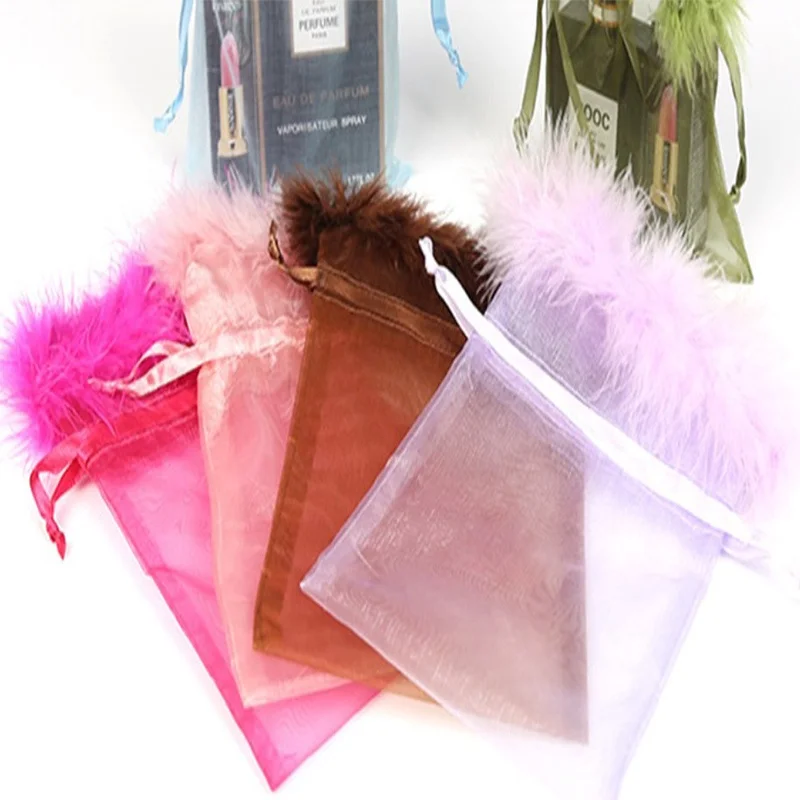 50Pcs Wholesale Feather Organza Drawstring Pouches Gift Bags  Black Feather Organza Bags