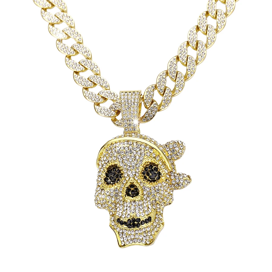 Men's Iced Out Full Diamond Skull Head Pendant Necklace With 15MM Prong  Cuban Chain