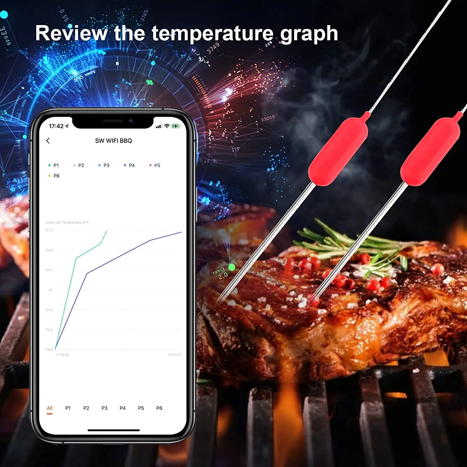  WiFi Meat Thermometer for Smoker, Bluetooth Meat Thermometer,  Digital Meat Thermometer with 4 Probe Infinite Distance Remote Monitor  Alarm for Smokers Grilling BBQ Oven Kitchen: Home & Kitchen