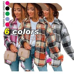 Fall Long Sleeve Shirt Ladies Coat Loose Outdoor pink Red Print Plaid Beige Fleece Wool Shacket Jacket