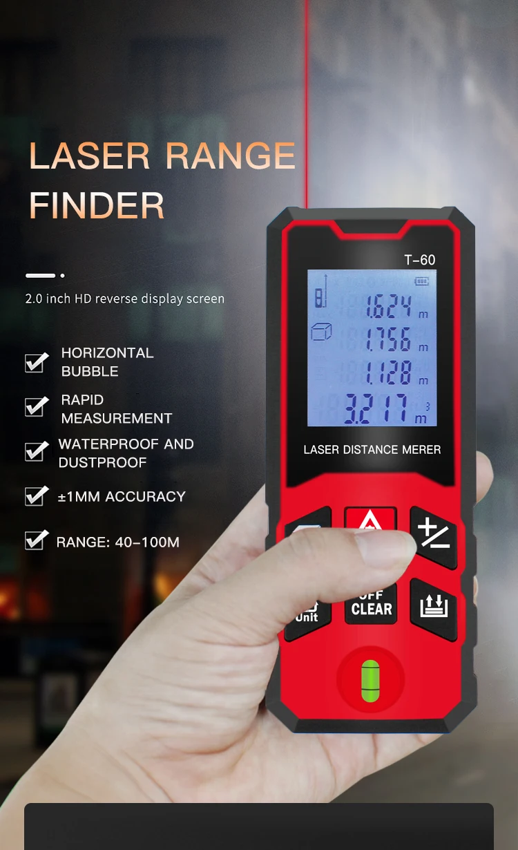 High Sensitivity Function Lens Laser Distance Meter 40m 60m 80m 100m Waterproof Dustproof