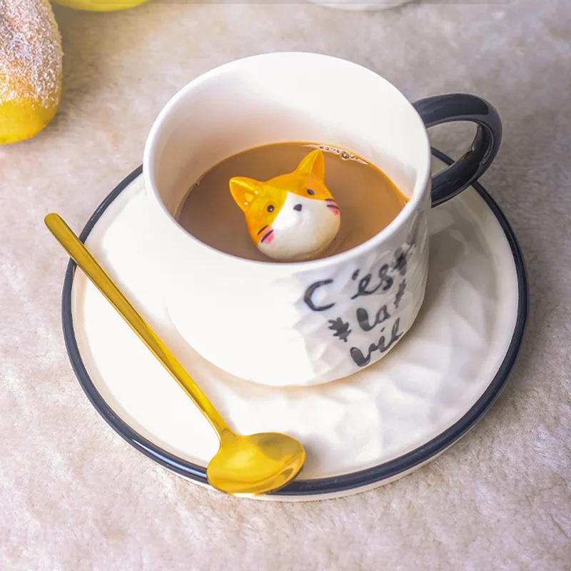 Raguso Tazza in Ceramica Cartone Animato Gatto Tazza in Ceramica Tazza in Ceramica Resistente al Calore con Cucchiaio in Acciaio Inossidabile e Coperchio in Legno per caffè Acqua Latte(Rosa