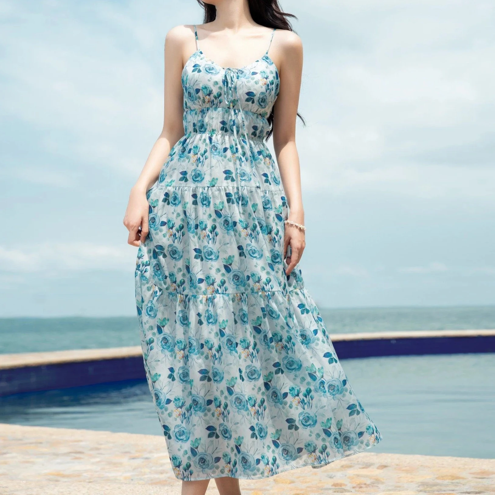 ODM/OEM Turquoise Printed Sleeveless off Shoulder Dress for Women Casual  Sexy Midi Summer Dresses with Button Decoration