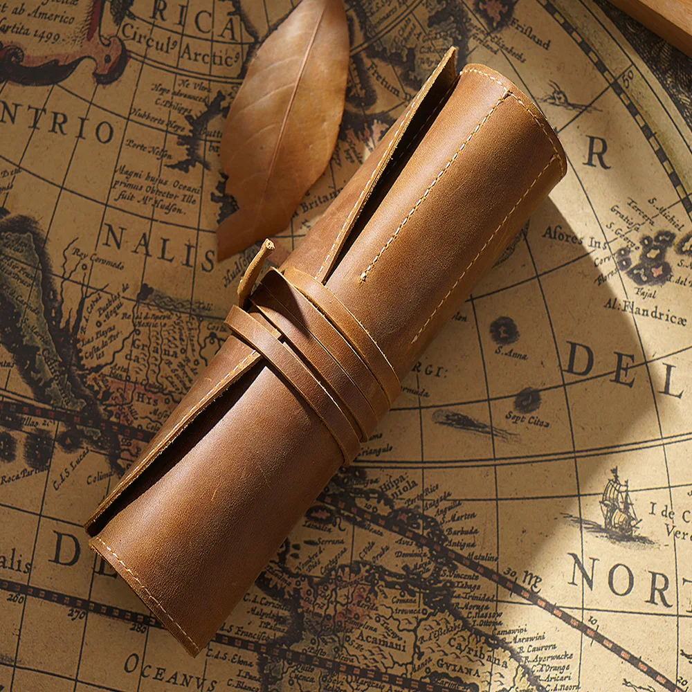 Innovative Top Layer Leather Roll Type Binding Straps Recycled Pouch Pocket Bag Fountain Pen Organizer for Pencils Stationery