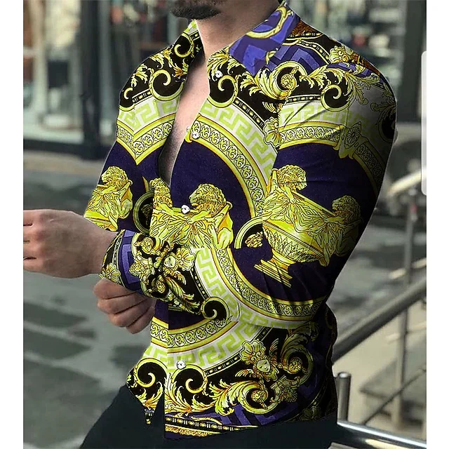Camicia da uomo grafica Paisley colletto classico verde nero casual quotidiano manica lunga abbigliamento camicia classica di design899_voghion.com