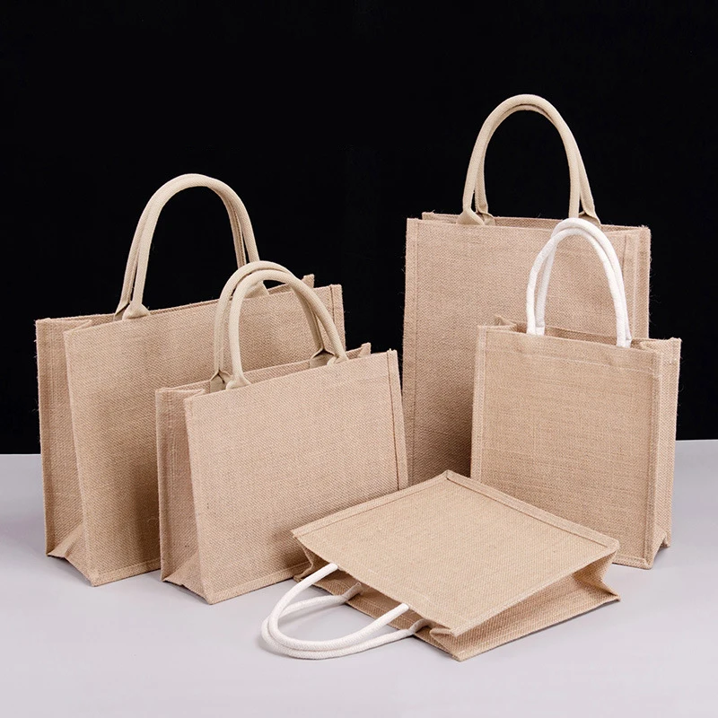 Small Plain Shopping Cotton Linen Food Grade Jute Basket Waterproof Grocery Rice Beach Gunny Tote Wine Jute Bag Wholesale Online