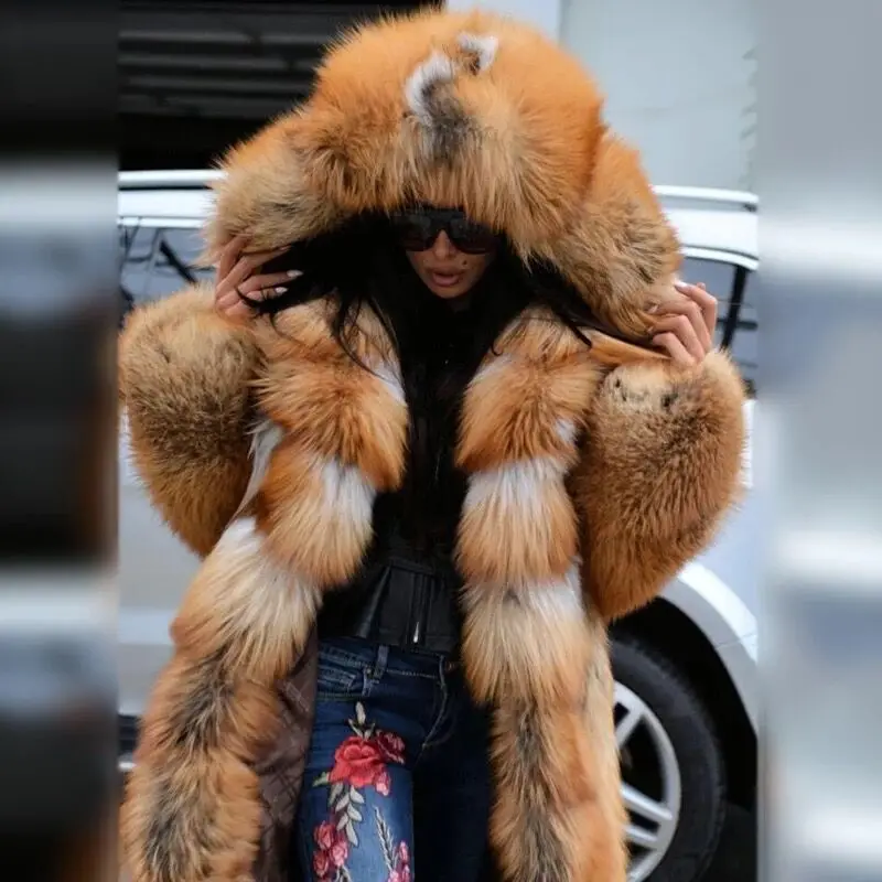 Mens Long Fox Fur Coat Hoodded Winter Coats Oversized Red Real Fur