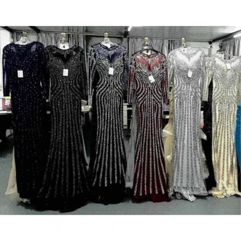 2022 Top Sale Black/silver/gold/burgundy/navy/blue Long Sleeve Beaded Trumpet Evening Dresses Cheap Fashion Women's Dinner Dress