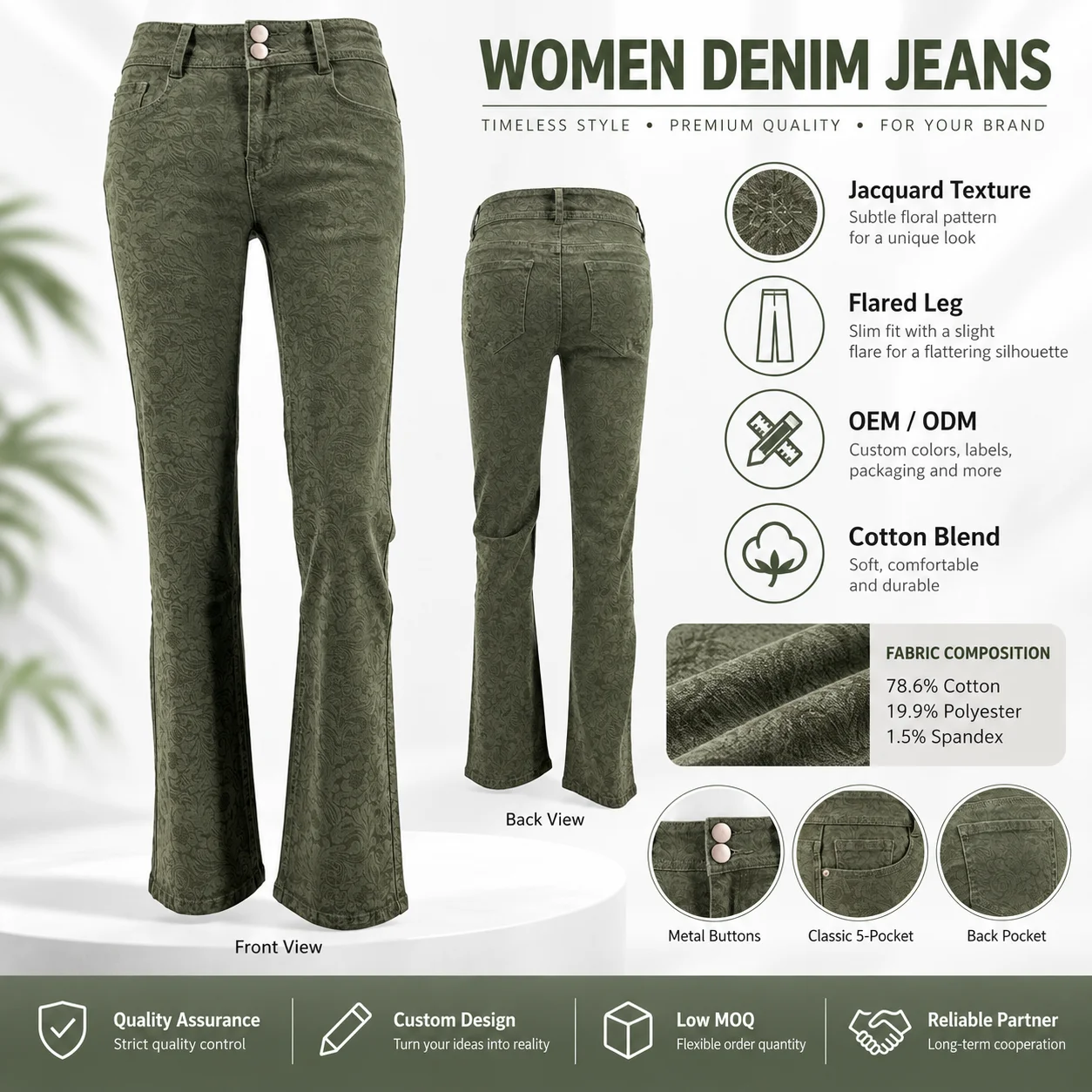 Fashion Mid Waist High Elastic Washed Retro Green Flared Bootcut Jeans for Women Street Style and Casual Commute