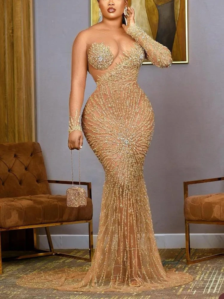 slim fit dress slacks Luxury Gold Sparkly Rhinestone Halter Sheath Long Prom Dresses with Tr –  Simidress main image 1