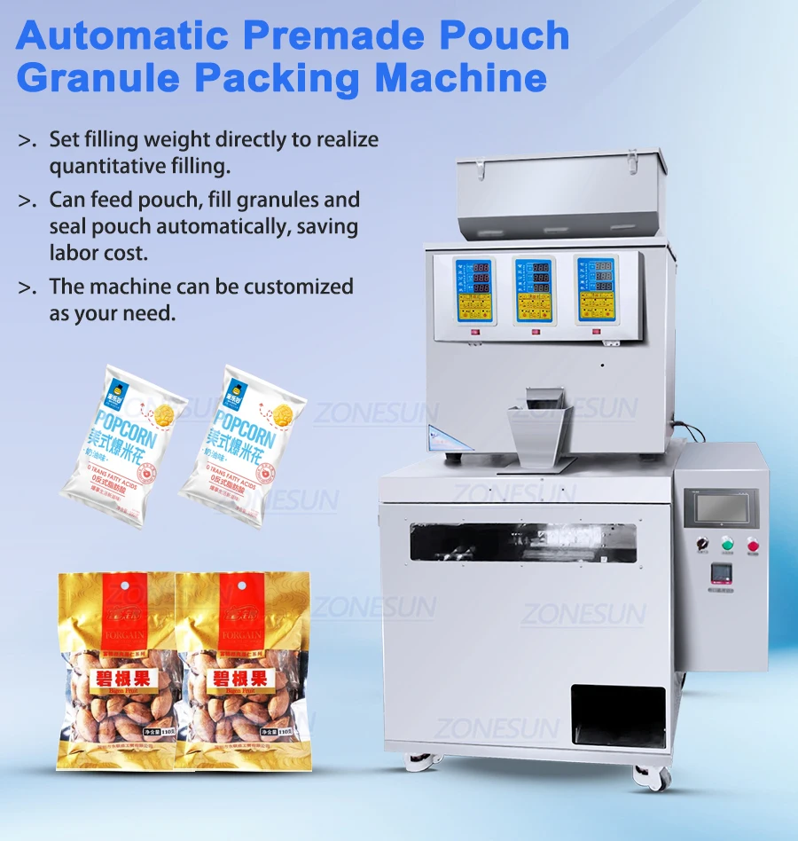 Zonesun Zs Afs04 Automatic Three Nozzles Premade Bag Pouch Sachet Granule Nuts Weighing Filling 5767