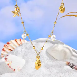 Fashion Beach Ocean Series Pearl Shell Starfish Conch Pendant Necklace Stainless Steel Necklace for Women