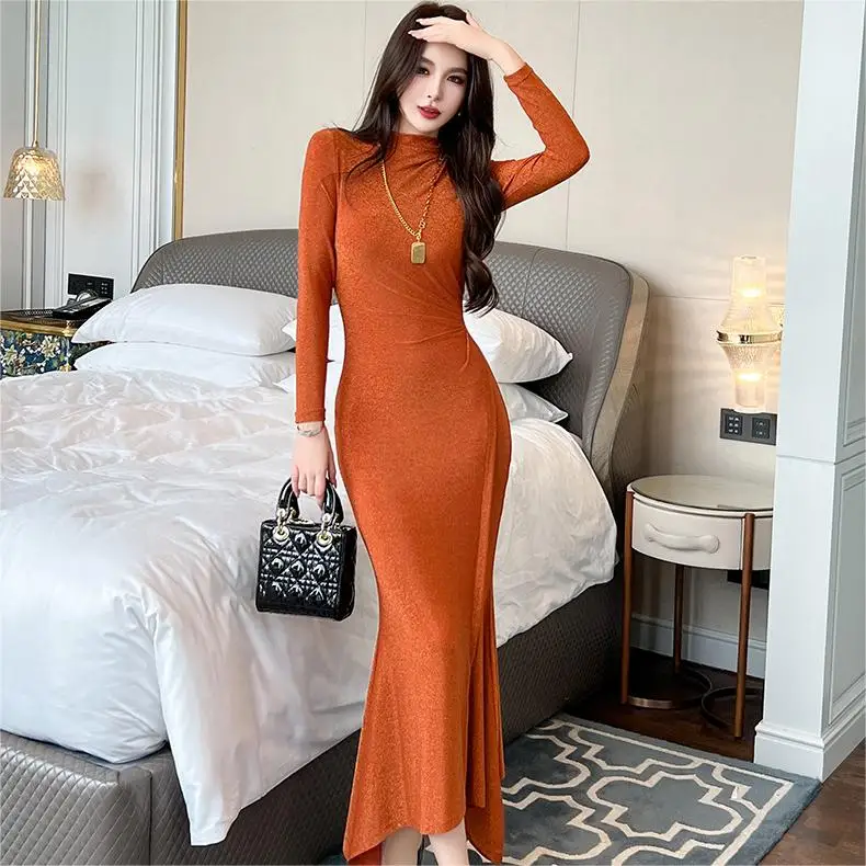 ZYHT 9708 New Dresses 2025 Turtleneck Long Sleeve Fitted Shiny Knitted Maxi  Dress Pleated Women Party Long Dress