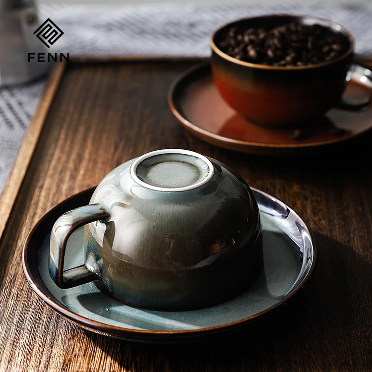 product fenn high quality and nice design green ceramic home coffee cups set 250ml mugs vintage style coffee cup and saucer for gift481-64