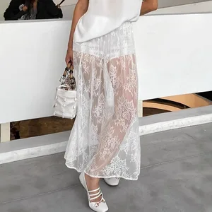 2025 Summer Lace See-through Skirt Women's White Floral High Waist Patchwork Skirt Lady Sexy Party Elegant A-Line Long Skirt