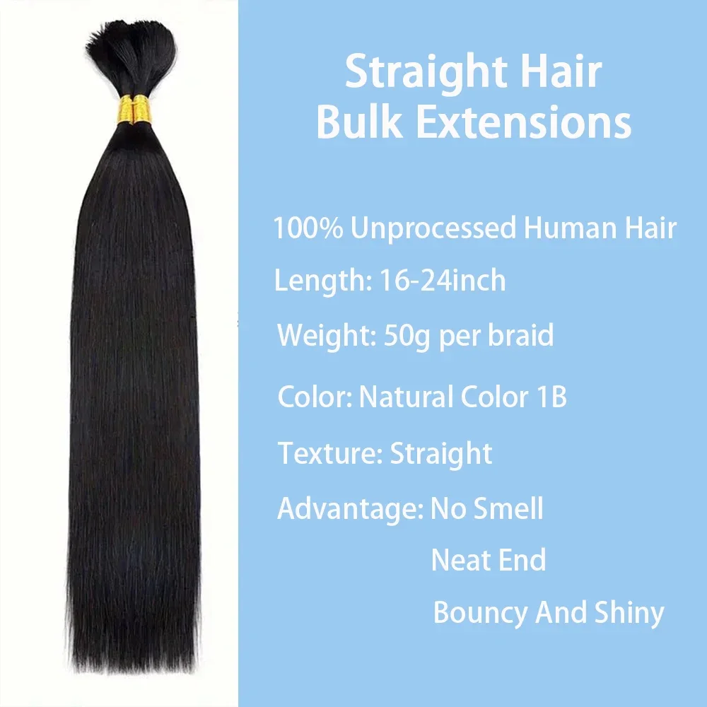 18 Inch Straight Human Braiding Hair Bulk 100% Real Hair No Weft 10A Virgin Extensions for Braids_voghion.com