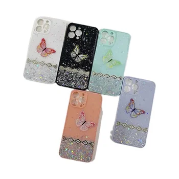 Beautiful butterfly TPU+PC epoxy mobile phone cases for iphone15 14 13 pro max glitter sequins four corner anti-drop case.