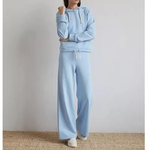 Customized Women's Vintage Style Track Suit Set Hooded Collar Elastic Drawstring Chic Hoodie & Wide Pants for Spring