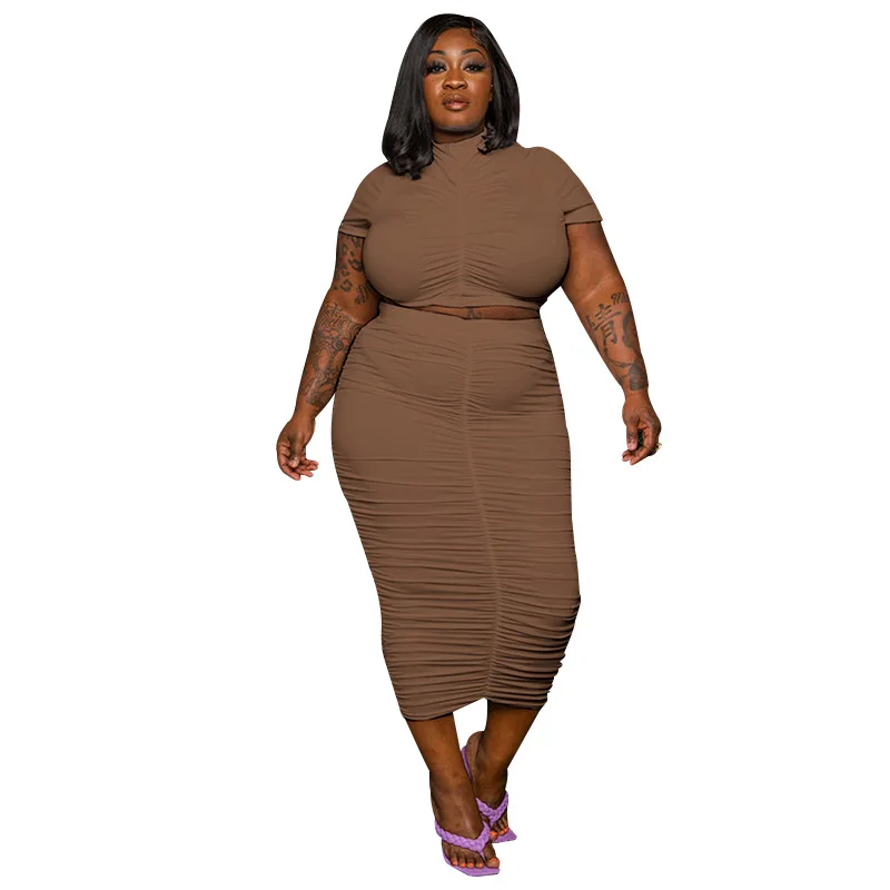 2022 Plus Size Solid Color Round Neck Pullover Short Sleeve Two Piece Fashion Casual Pleated Skirt Ladies Suit for Summer