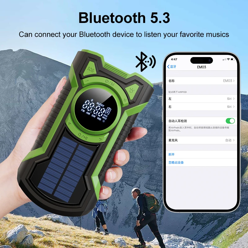 NOAA/AM/FM/SW BT Speaker IP65 Waterproof Dustproof Portable Radio Hand Crank Generator Dynamo Flashlight Solar Radio