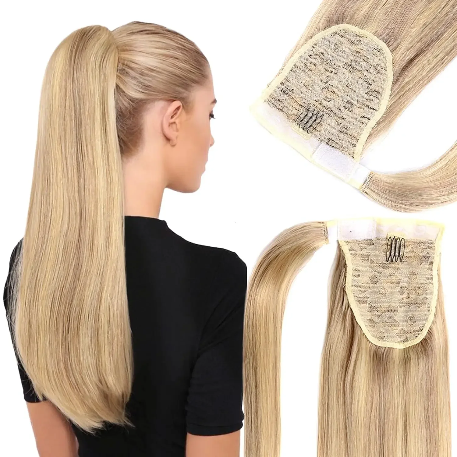 Straight Ponytail Human Hair Wrap Around 100% Remy Hair Extension Color #8/613 120g Thick Real Hair For Women 16-26Inch_voghion.com