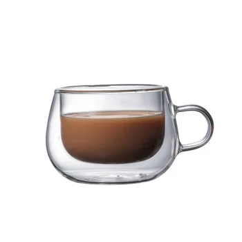 Eco-friendly Insulated Reusable Fancy borosilicate Handmade Clear Double Wall Glass Espresso Coffee Glass Cup with Handle