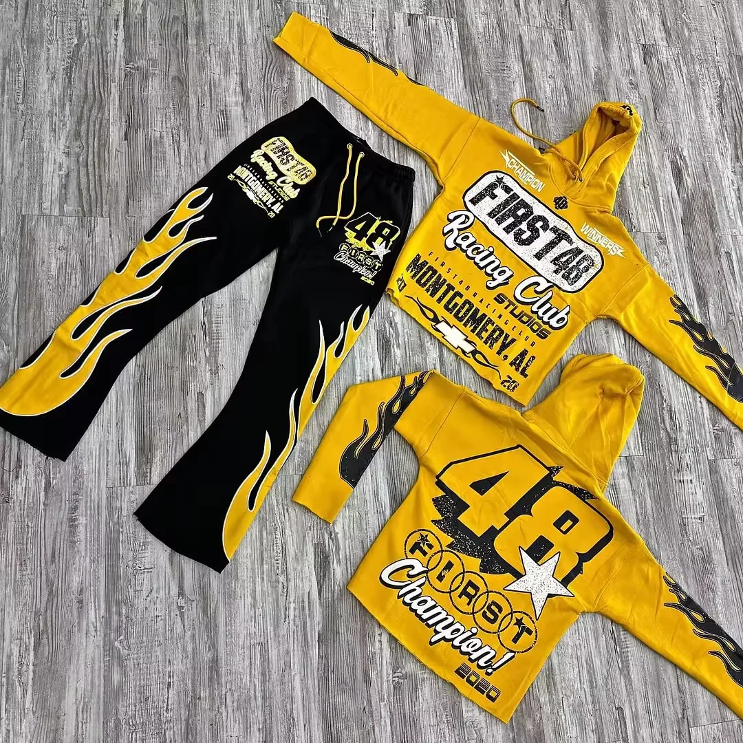 Salati OEM Custom Heavy Weight Tracksuit Fleece Cropped Silk Screen Printing Y2K Flare Sweatpants and Hoodie Sets for Men gallery 8