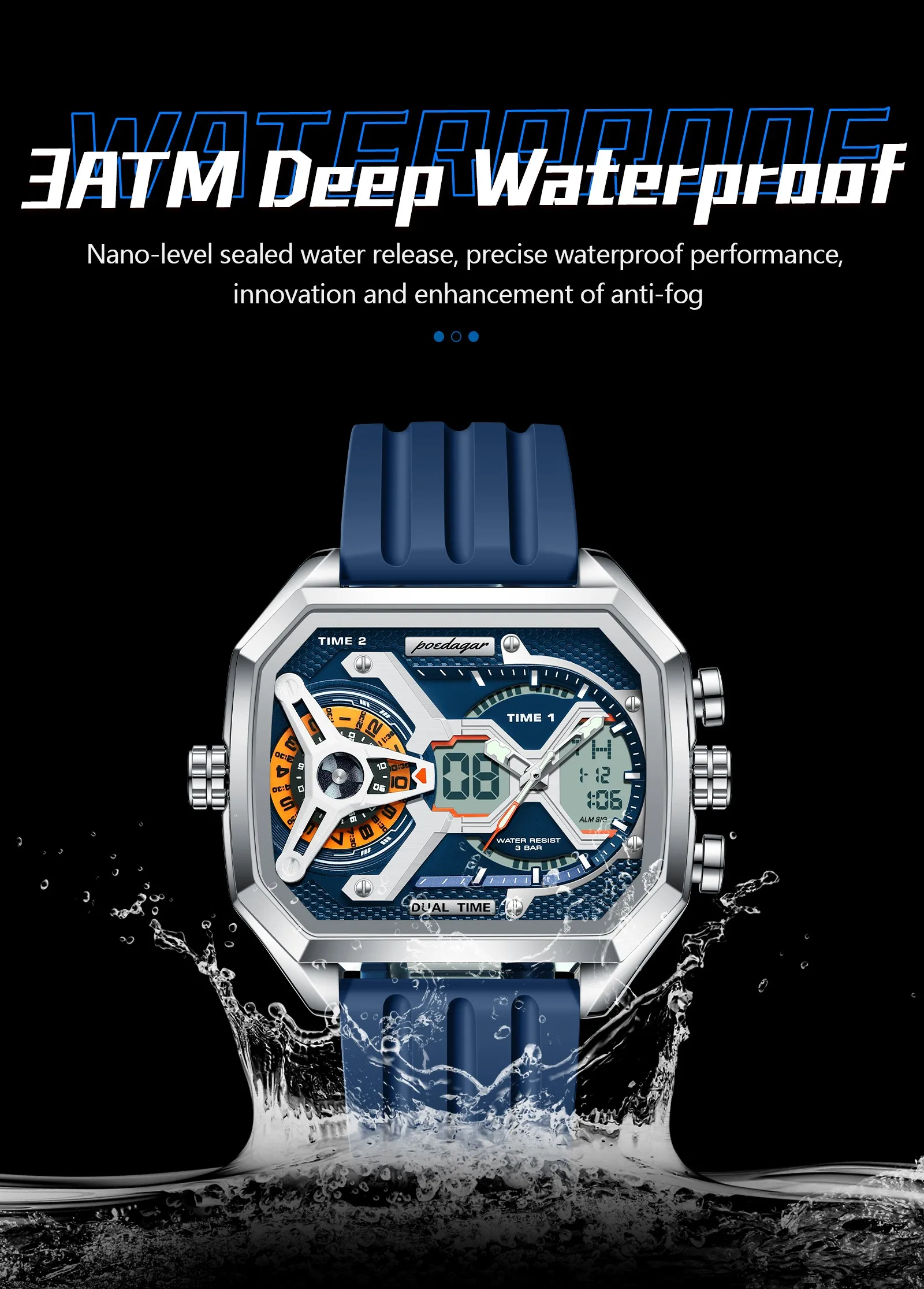 POEDAGAR E106发光时尚商务石英品牌双显示数字防水运动硅胶表带男士手表