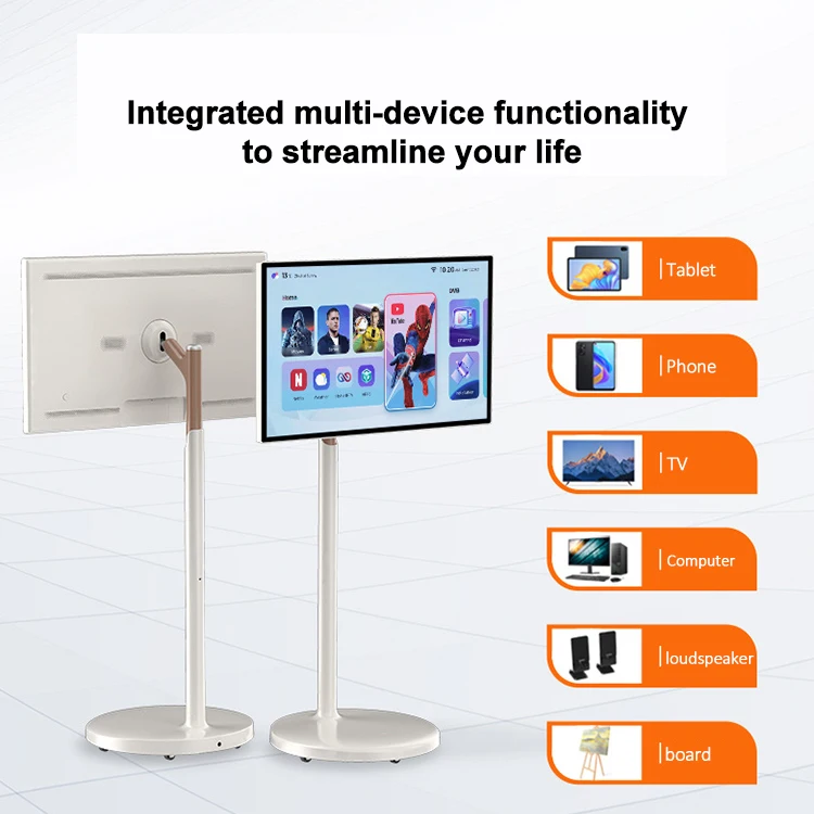 SEEWORLD Interactive Touch Screen Display 21.5 22 Inch Movable Portable TV 6+128 GB White Mobile Smart TVs with Charging Battery