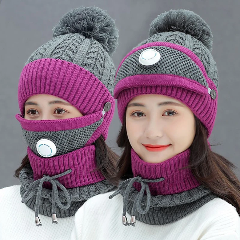 Fleece Lined Knit Beanie Hat Scarf Mask Set Pompom Winter Warm Walbest Womens Girls 3Pcs/set Knit Beanie Scarf Mask Set  main image 3