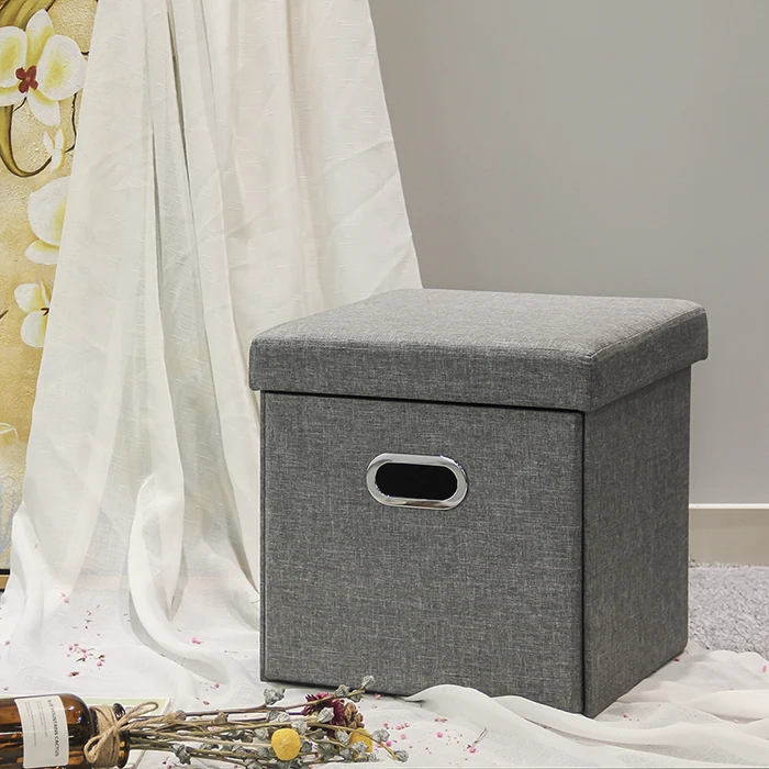 HStex Wholesale Grey Linen Fabric Foot Stools Home Furniture Foldable Storage Drawer Ottoman Small