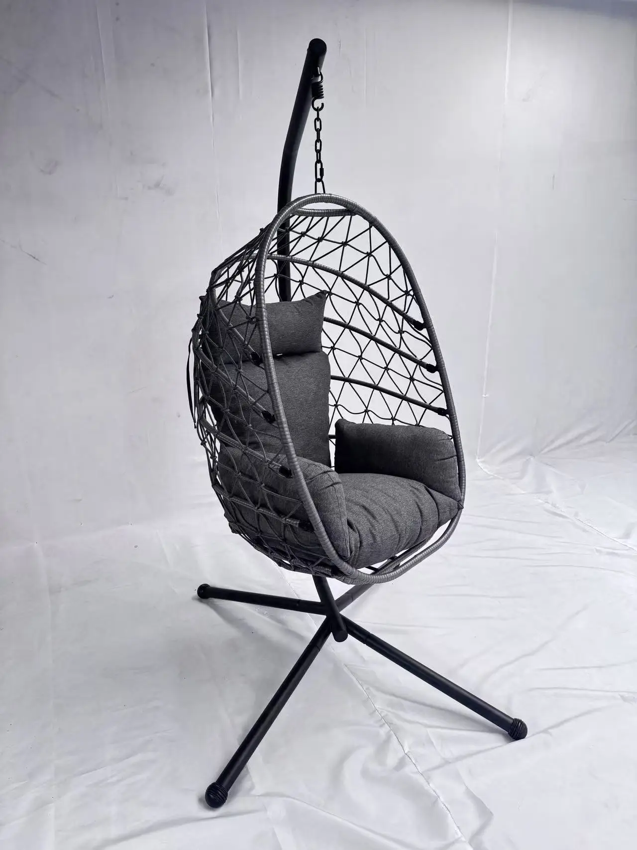 product gray pe rattan hanging egg chair with stand deep gray cushioned swing chair weather resistant wicker hammock chair for patio-2