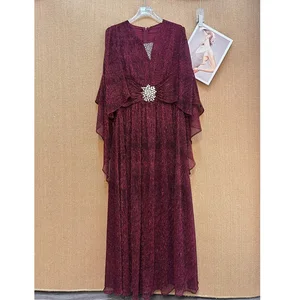 Factory Wholesale Diamond Beaded V-Neck Design Fashion Dress Women Batwing Sleeve Stitching Floor-Length Banquet Party Female