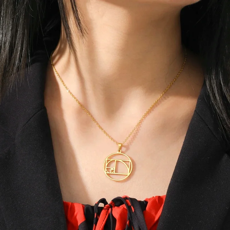 Fibonacci Spiral Circle Triangle Golden Ratio Geometry Pendant Necklace Women Choker Necklace Stainless Steel Jewelry