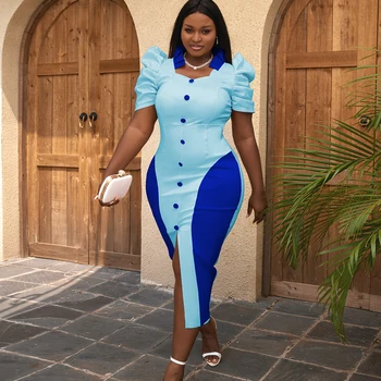 AM220741 Blue Patchwork Elegant New Ruffle Formal Party Lady Cocktail Dresses