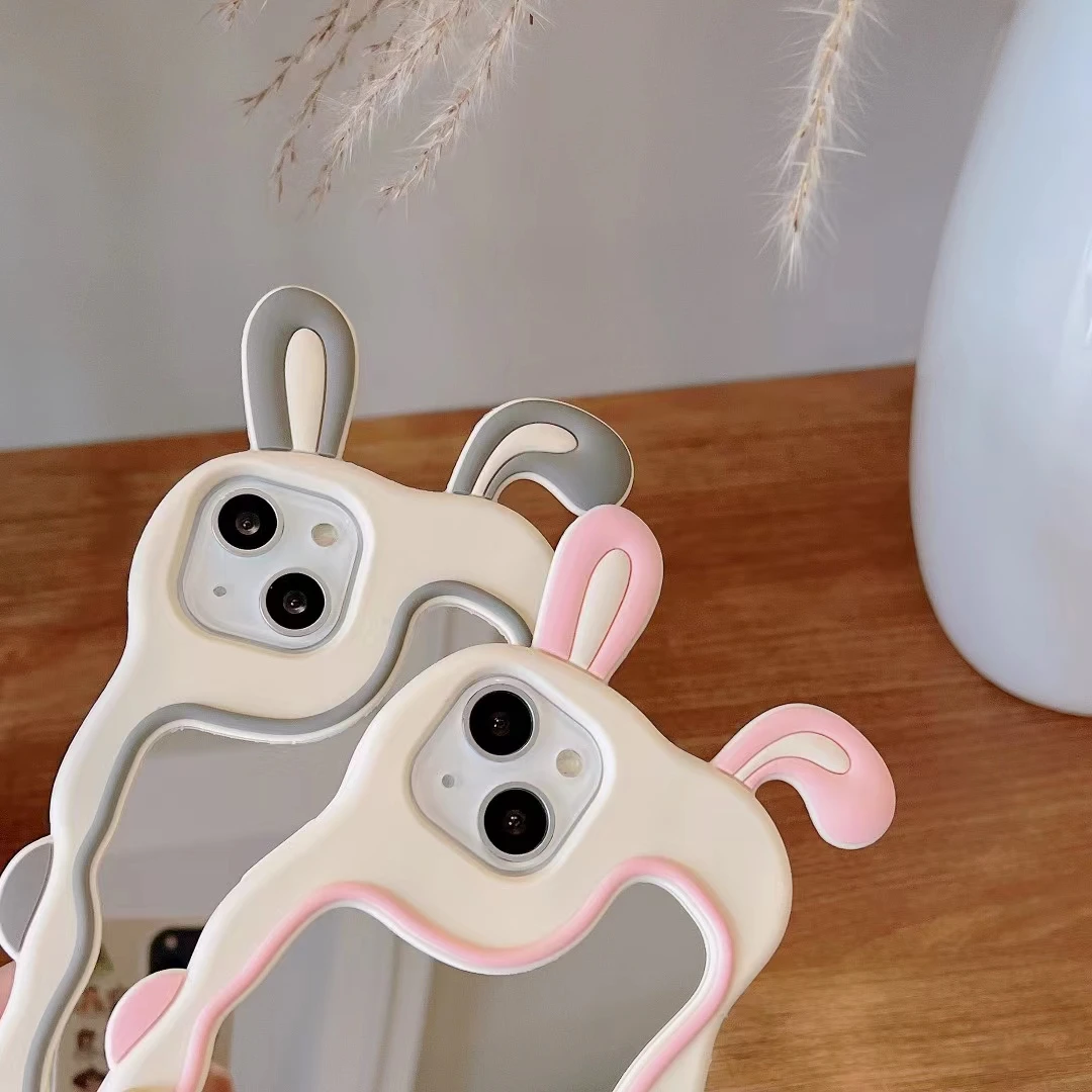 Korean 3D Rabbit Ear Mirror Make up Phone Case for iPhone 11 13 12 14 15 Pro Max XR XS Max Cute Shockproof Silicone Cover