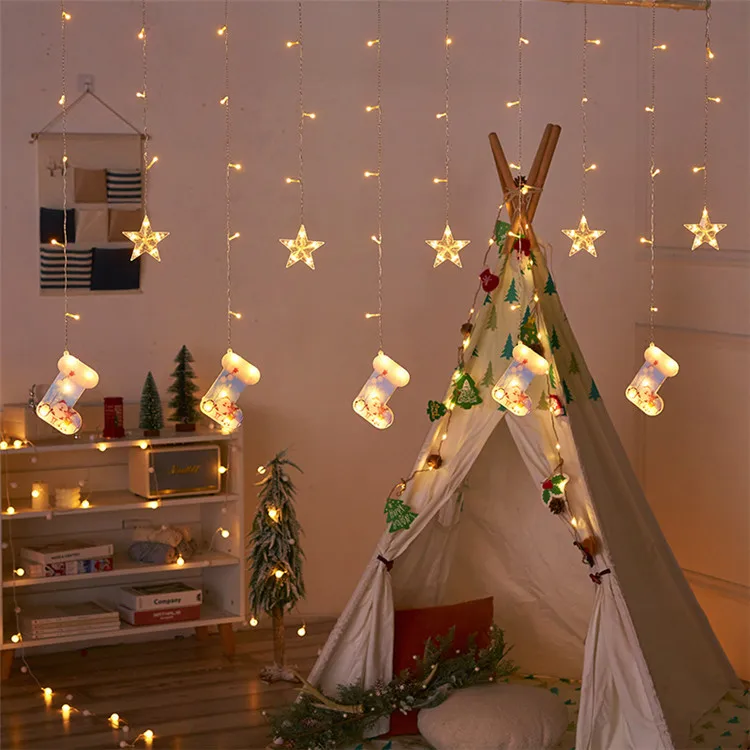 Star Christmas Gloves Curtain Led String Christmas Icicle Garland Fairy Light for Xmas Party Halloween Festival Decor